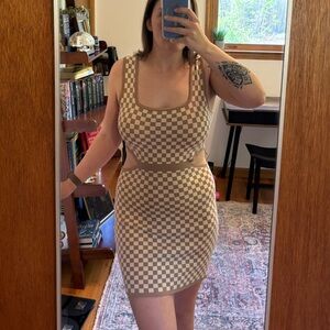Checkered Tan Sleeveless Bodycon Dress